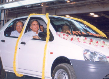 Ratan N Tata in the first Tata Indica to roll out of the Tata Motors factory