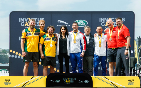 The Duke and Duchess of Sussex with winners of the Driving Challenge