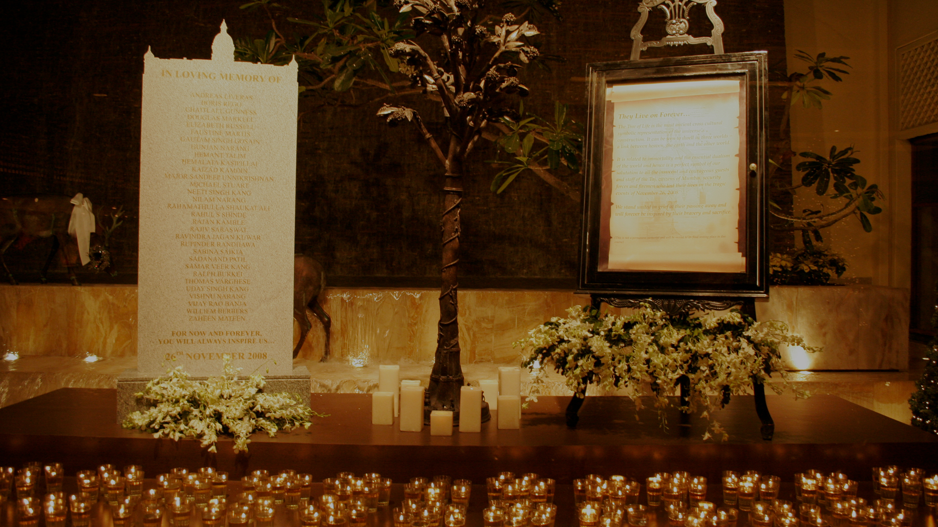 The memorial to the victims of the 26/11 attacks at the Taj Mahal in Mumbai
